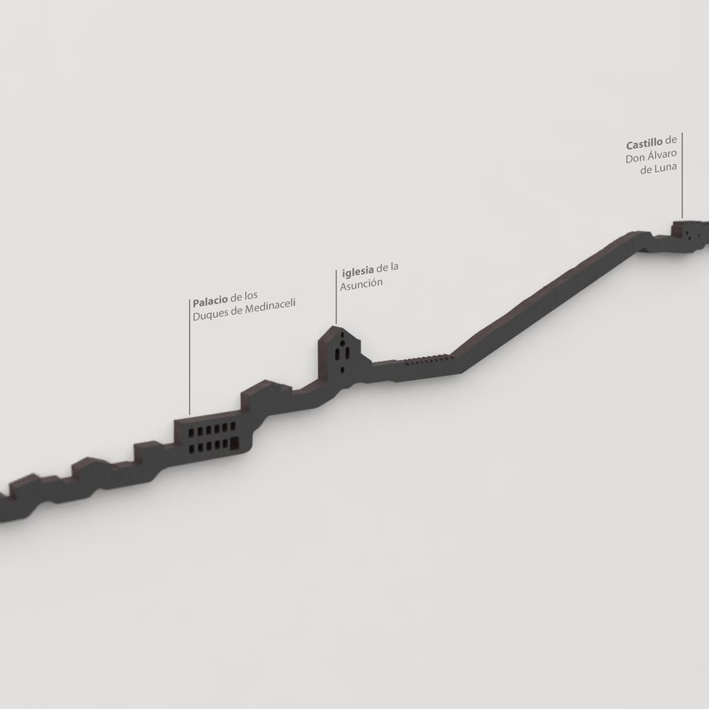 Detalle del Castillo de Don Álvaro de Luna en la silueta de Cihuela en madera negra.