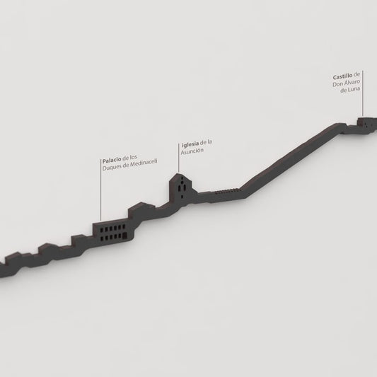 Detalle del Castillo de Don Álvaro de Luna en la silueta de Cihuela en madera negra.