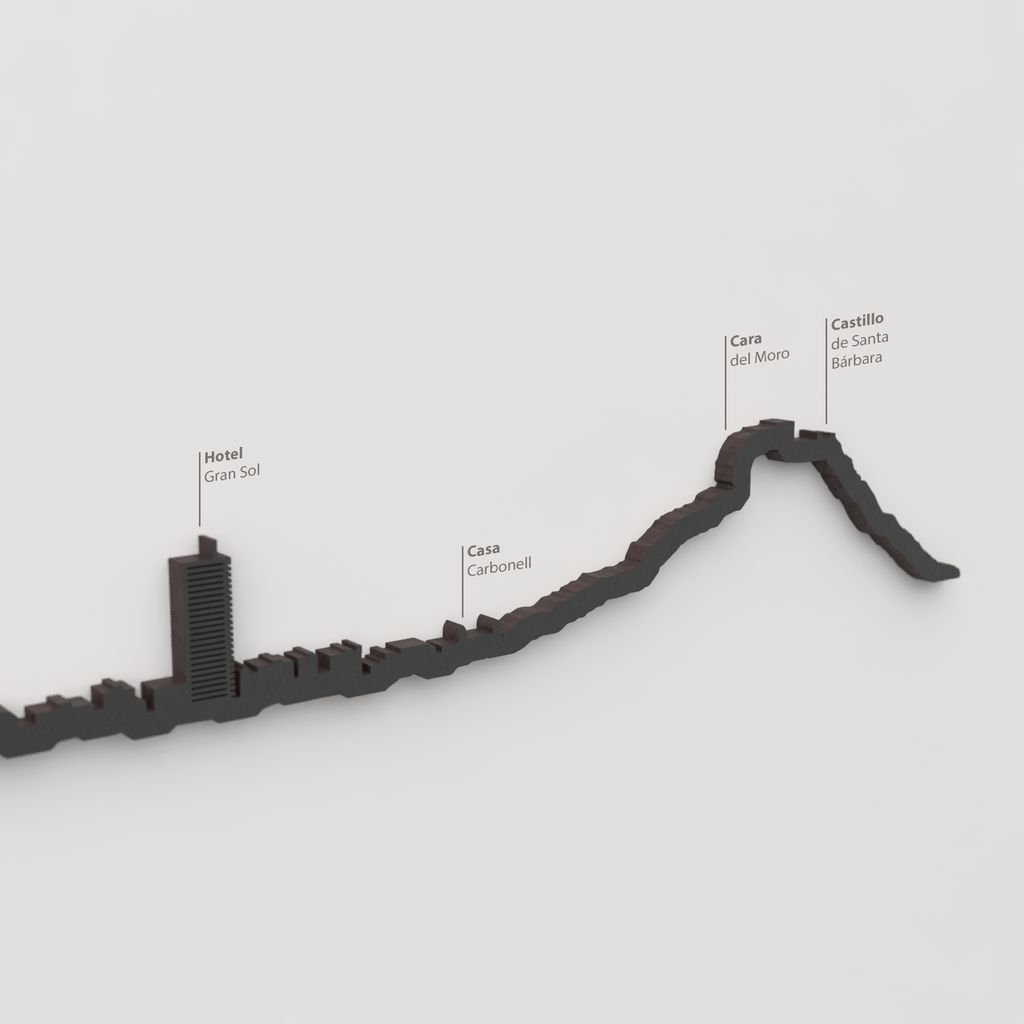 Detalle del Castillo de Santa Bárbara en la silueta de madera del skyline de Alicante.