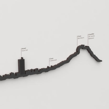 Detalle del Castillo de Santa Bárbara en la silueta de madera del skyline de Alicante.