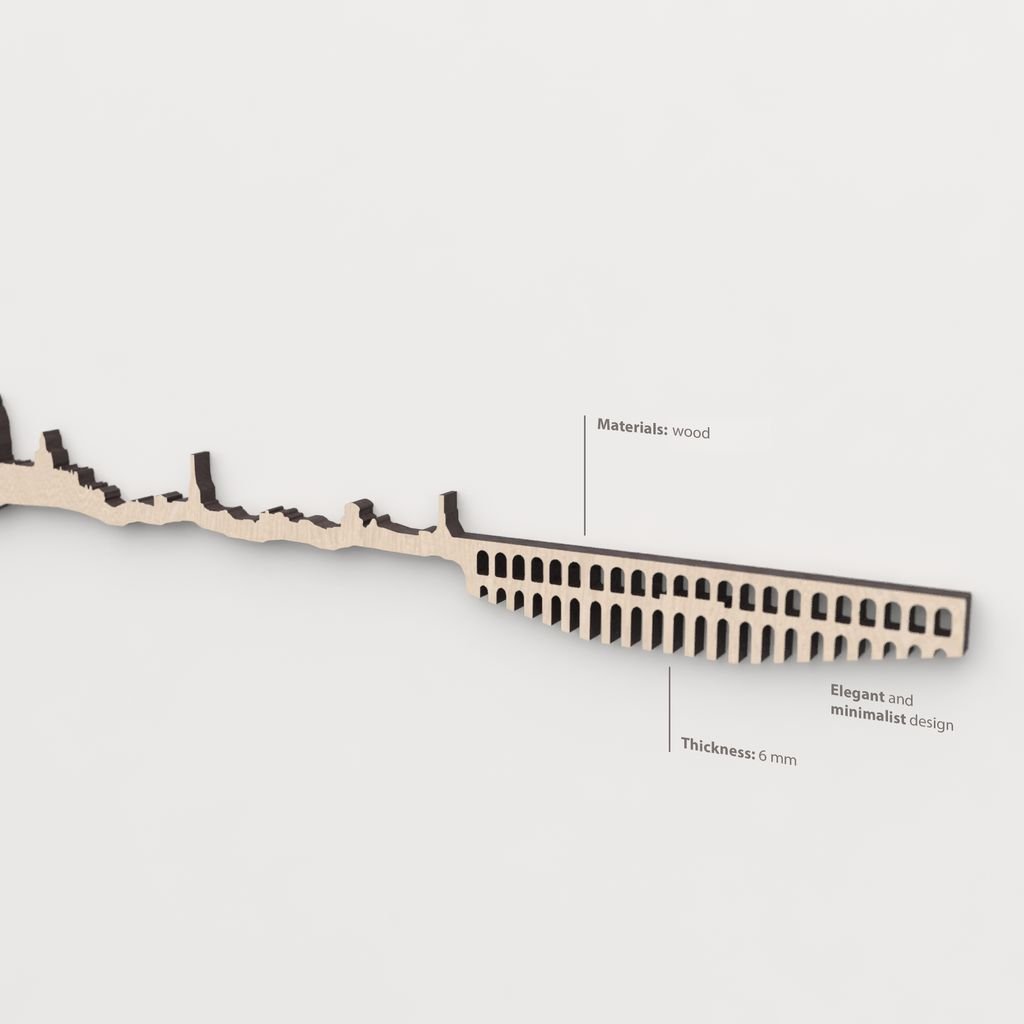 Primer plano de la Catedral de Segovia en la silueta de madera de Segovia.