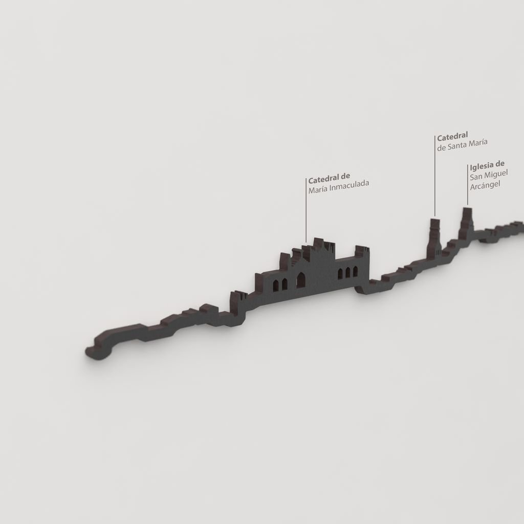 Detalle de la Catedral de María Inmaculada en la silueta negra de Vitoria.