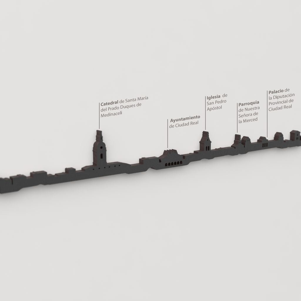 Detalle de la Catedral de Santa María del Prado en la silueta de Ciudad Real en madera negra.