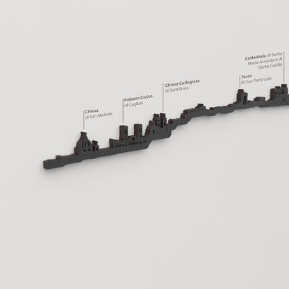 Skyline Cagliari – detalle de Chiesa di San Michele en madera negra.