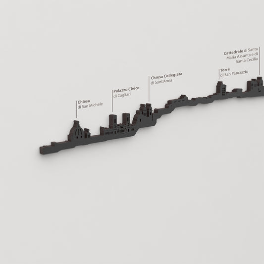 Skyline Cagliari – detalle de Chiesa di San Michele en madera negra.