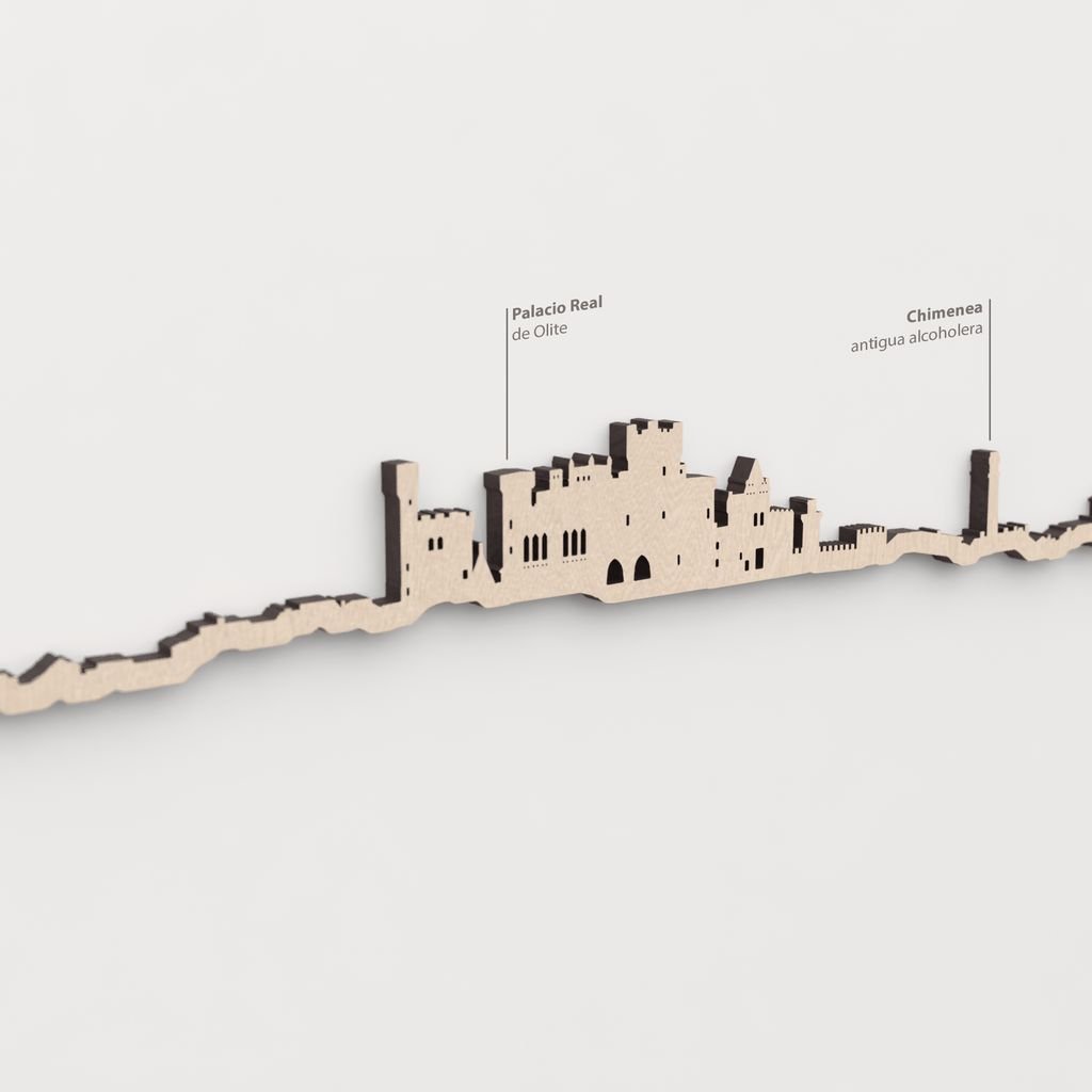 Skyline Olite – primer plano de la chimenea de la antigua alcoholera en madera natural.