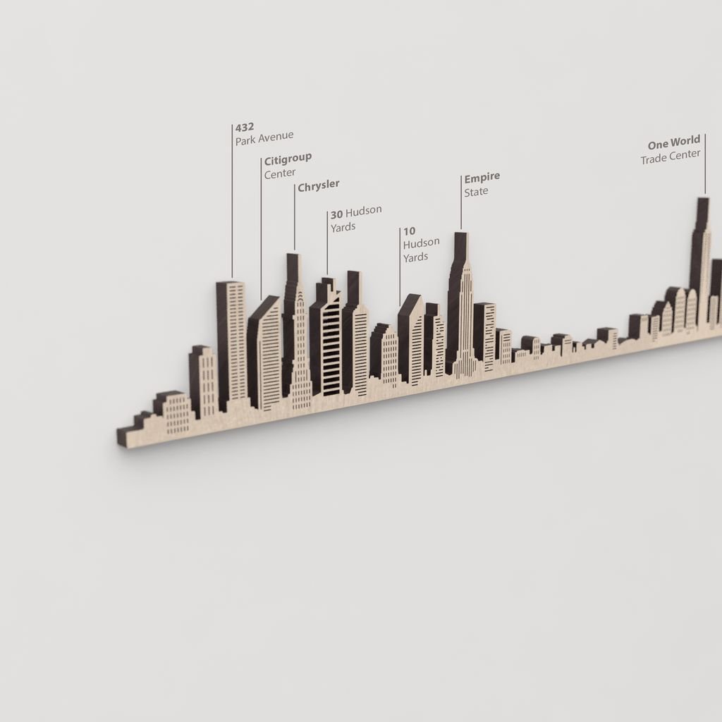 Skyline New York – primer plano del Chrysler en madera natural.