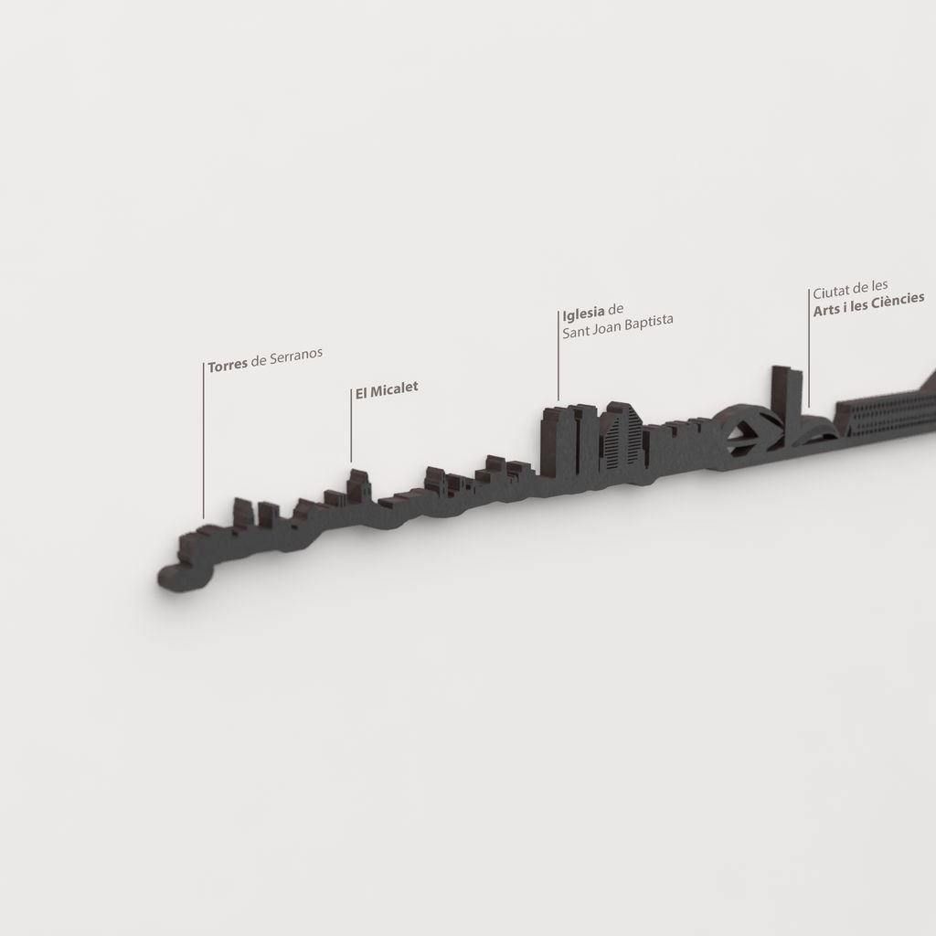 Detalle de la Ciutat de les Arts i les Ciències en la silueta de madera del skyline de Valencia.