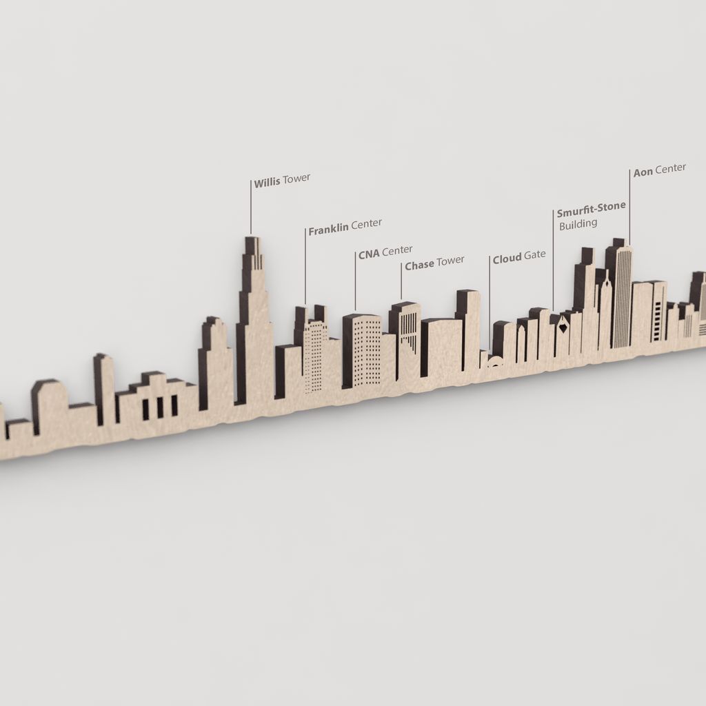Primer plano de Cloud Gate en la silueta del skyline de Chicago en madera natural.
