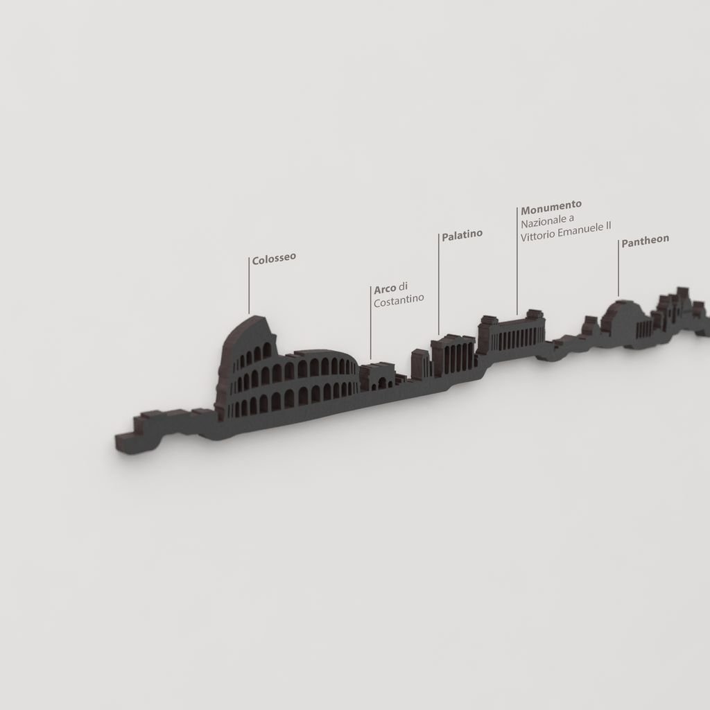 Detalle del Colosseo en la silueta de madera del skyline de Roma.