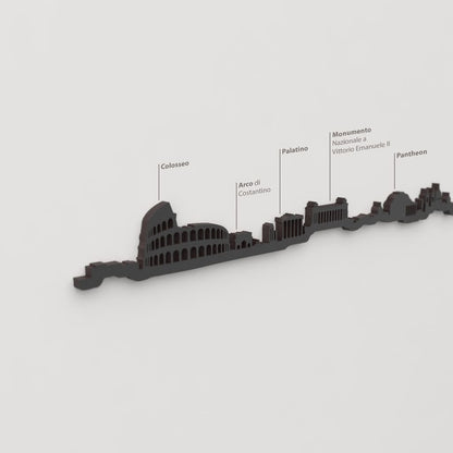 Detalle del Colosseo en la silueta de madera del skyline de Roma.