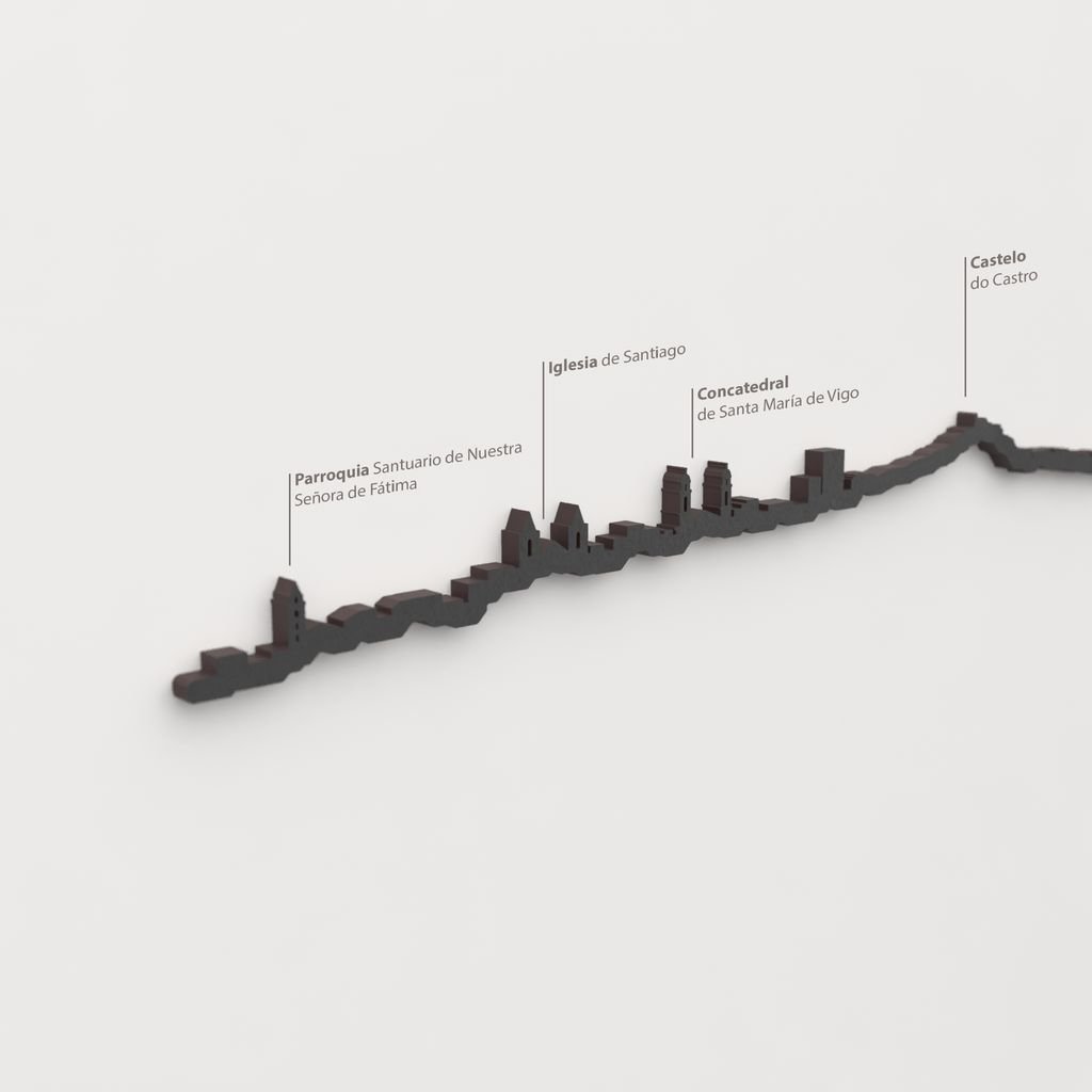 Detalle de la Concatedral de Santa María de Vigo en la silueta de madera del skyline de Vigo.