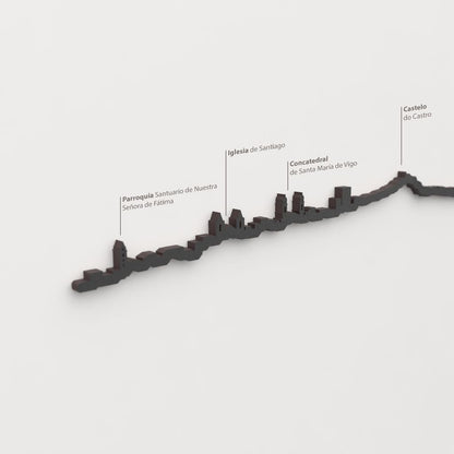 Detalle de la Concatedral de Santa María de Vigo en la silueta de madera del skyline de Vigo.