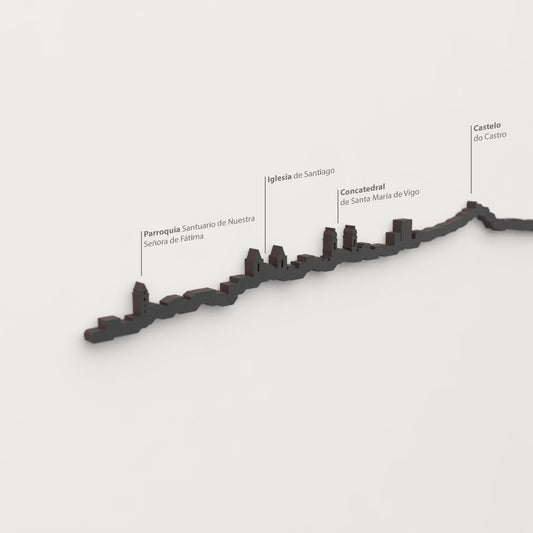 Detalle de la Concatedral de Santa María de Vigo en la silueta de madera del skyline de Vigo.