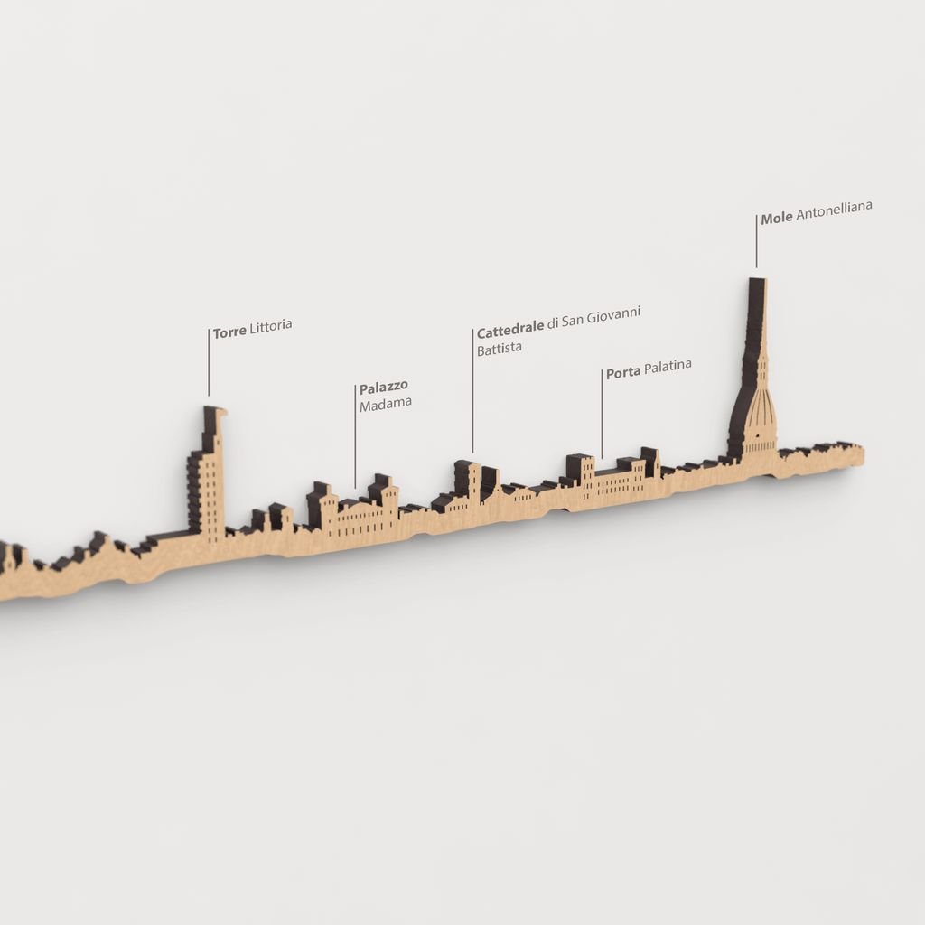 Vista detallada de la Torre Littoria en el skyline de Torino color marrón.