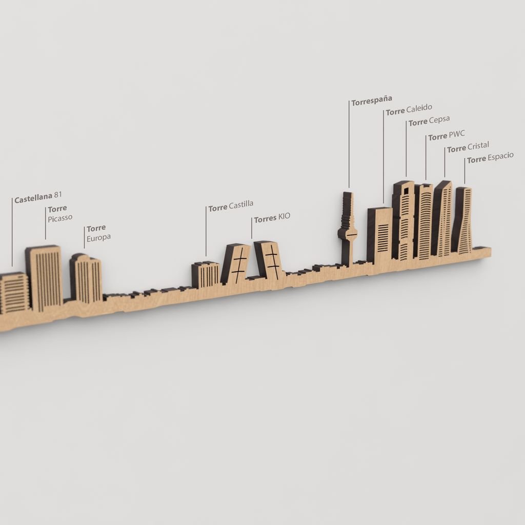 Skyline Madrid – detalle de las Cuatro Torres (Caleido, Cepsa, PWC, Espacio) en madera marrón.