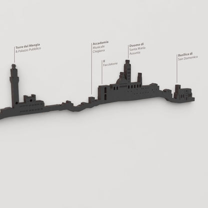 Detalle del Duomo di Siena en la silueta de madera del skyline de Siena.