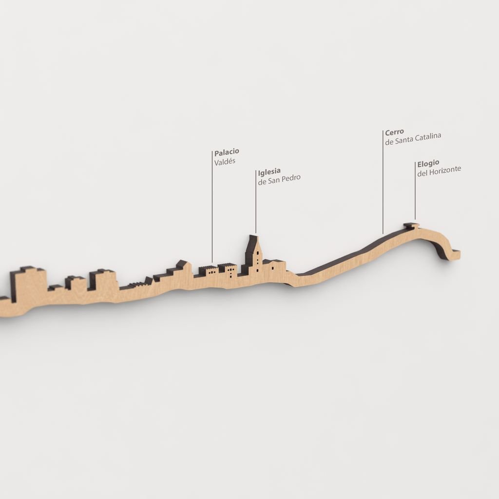 Skyline Gijón-Xixón – detalle del Elogio del Horizonte en madera marrón.