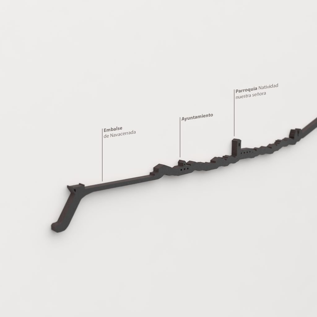 Skyline Navacerrada – detalle del Embalse de Navacerrada en madera negra.