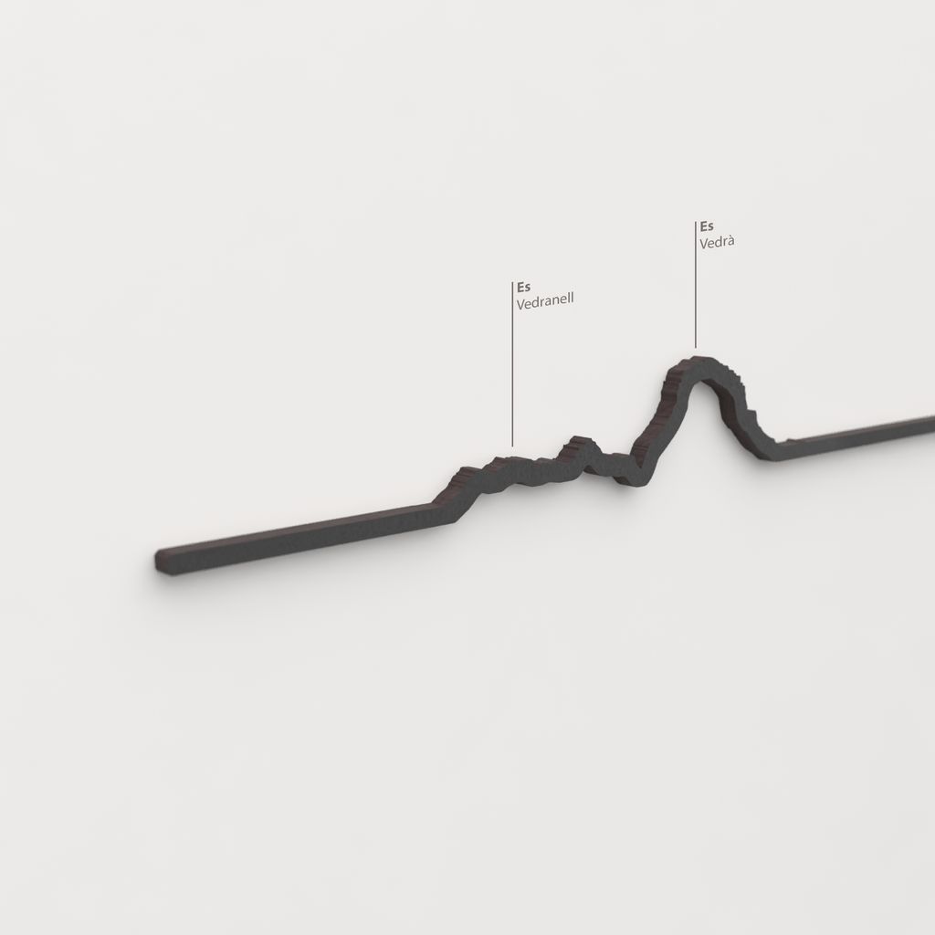 Detalle de Es Vedrà en la silueta de madera con acabado negro.