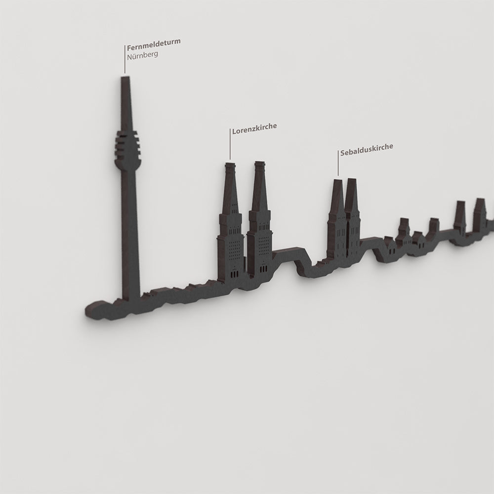 Skyline Nuremberg – detalle del Fernmeldeturm en madera negra.