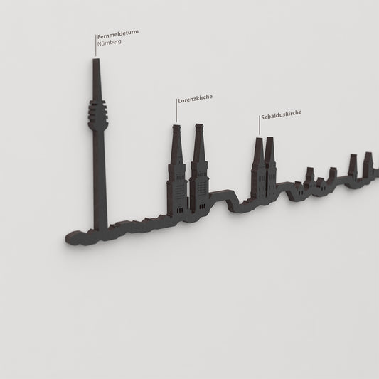 Skyline Nuremberg – detalle del Fernmeldeturm en madera negra.