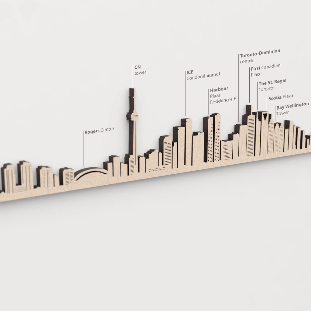 Primer plano del First Canadian Place en la silueta de madera de Toronto.