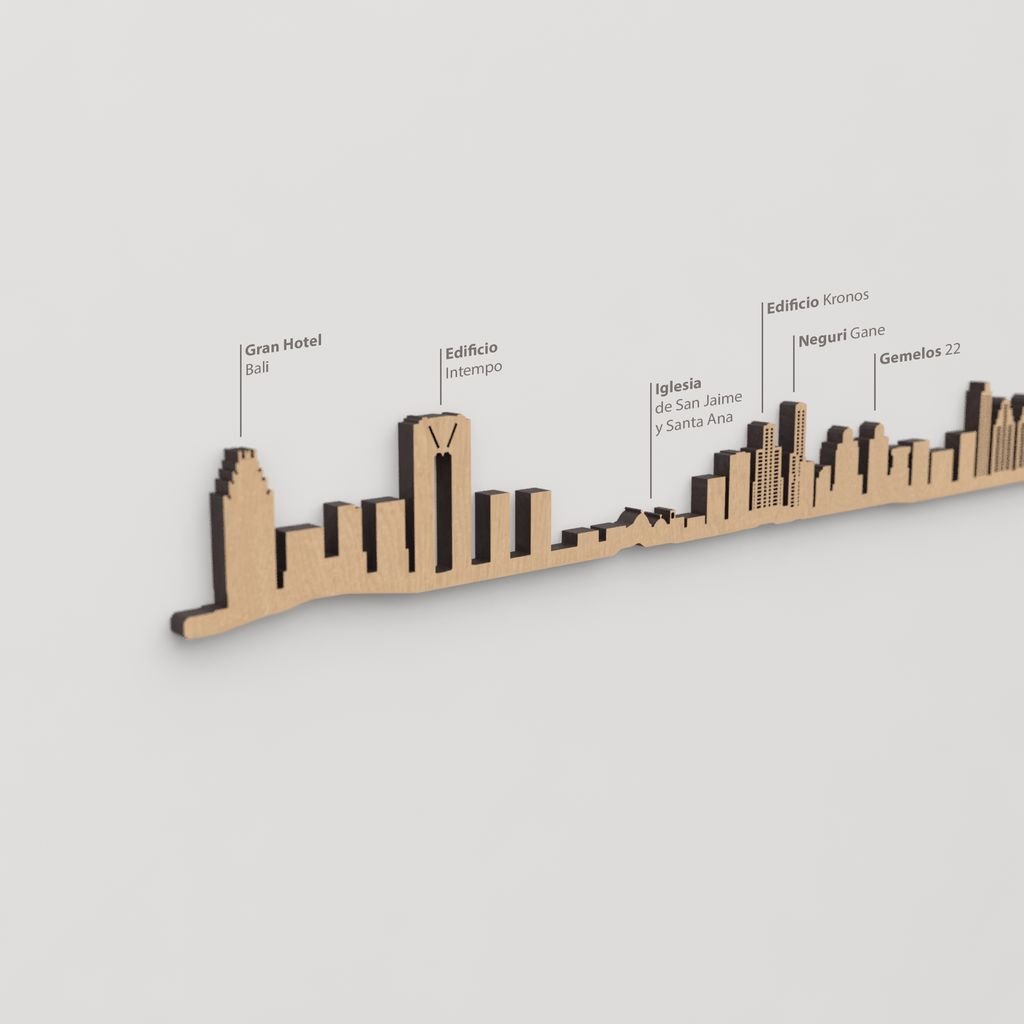 Skyline Benidorm – detalle de los edificios Gemelos 22 en madera marrón.