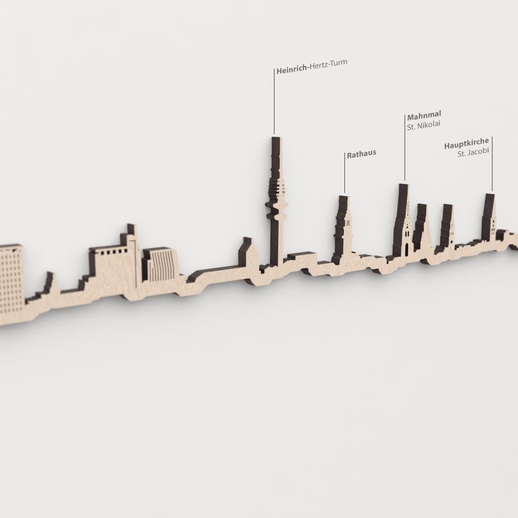 Primer plano de la Heinrich-Hertz-Turm en la silueta de madera de Hamburgo.