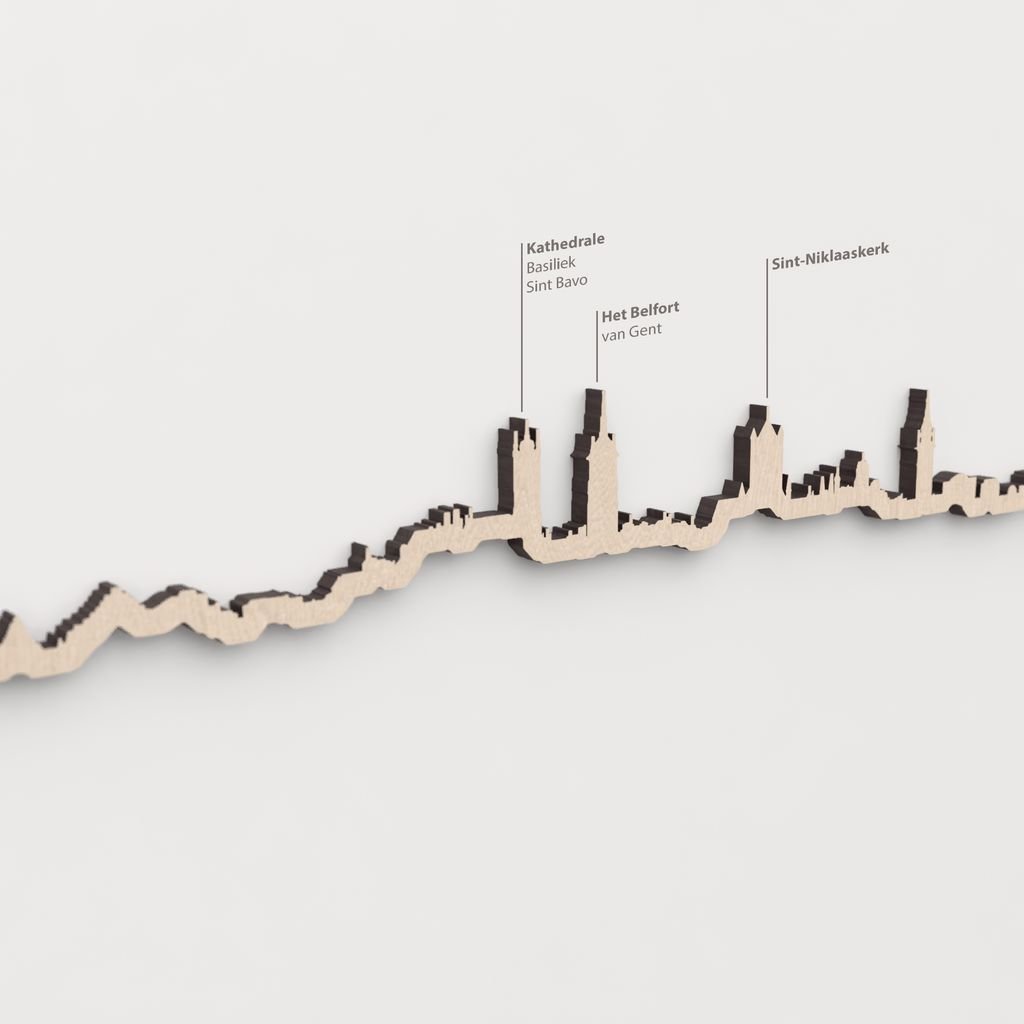 Skyline Gante – primer plano del Het Belfort van Gent en madera natural.