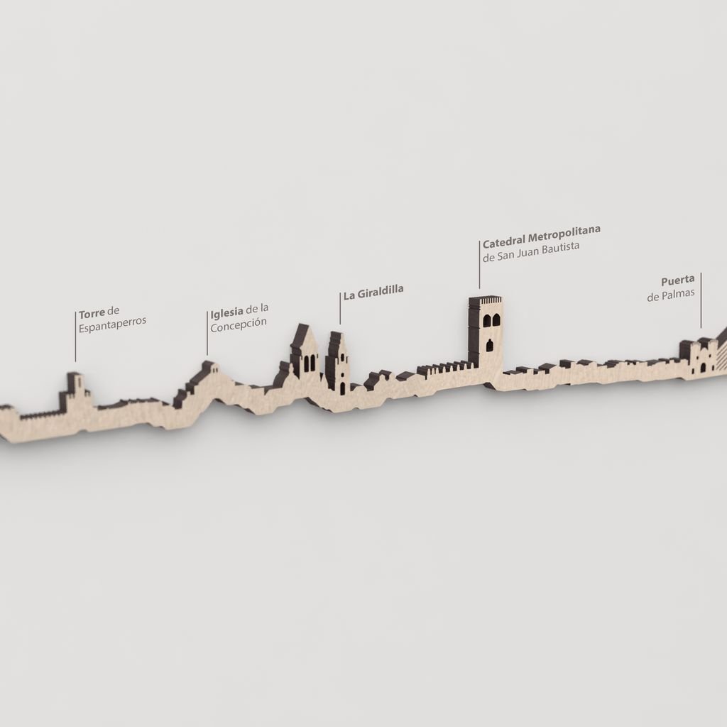 Skyline Badajoz – primer plano de la Iglesia de la Concepción en madera natural.