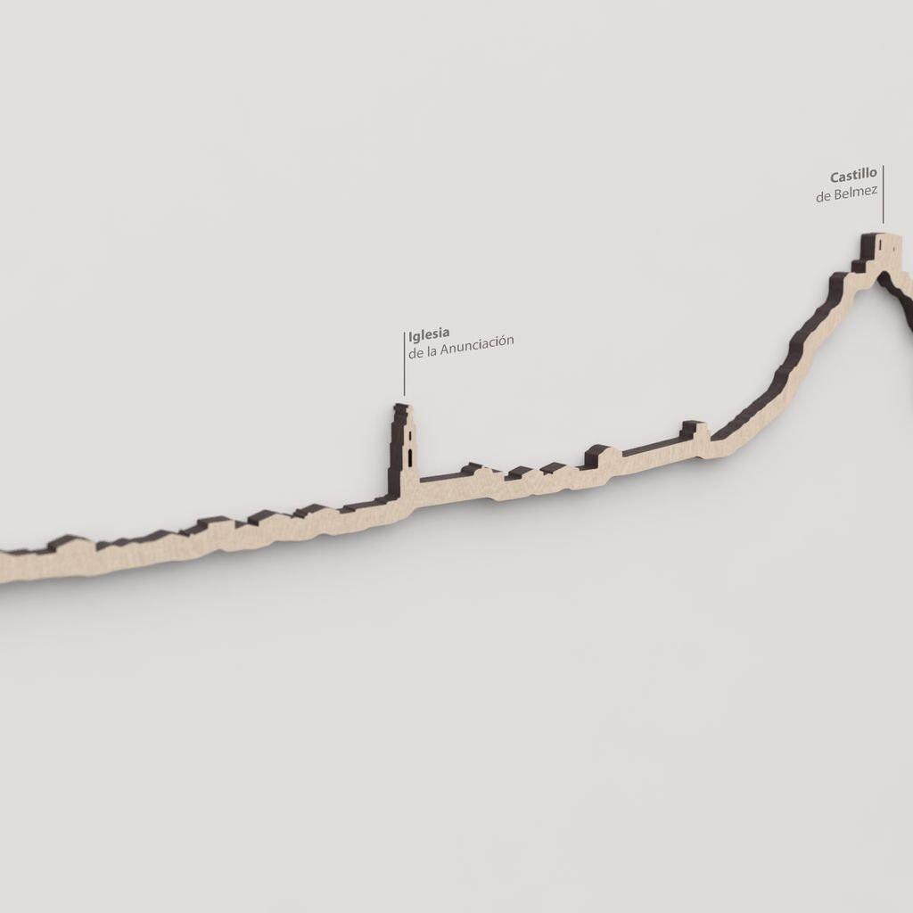 Skyline Belmez – primer plano de la Iglesia de la Anunciacion en madera natural.