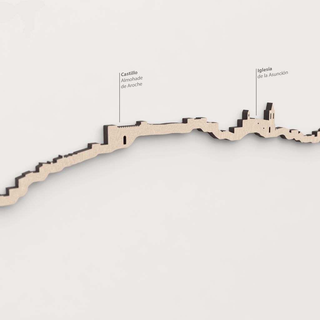 Primer plano de la Iglesia de la Asunción en la silueta de madera de Aroche.