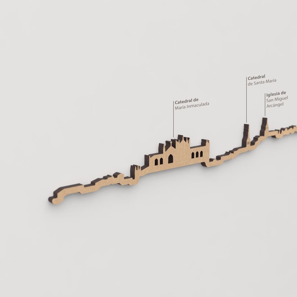 Vista detallada de la Iglesia de San Miguel Arcángel en el skyline de Vitoria marrón.