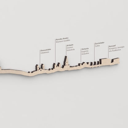 Vista del Kursaal en la silueta decorativa de Donostia en madera natural.