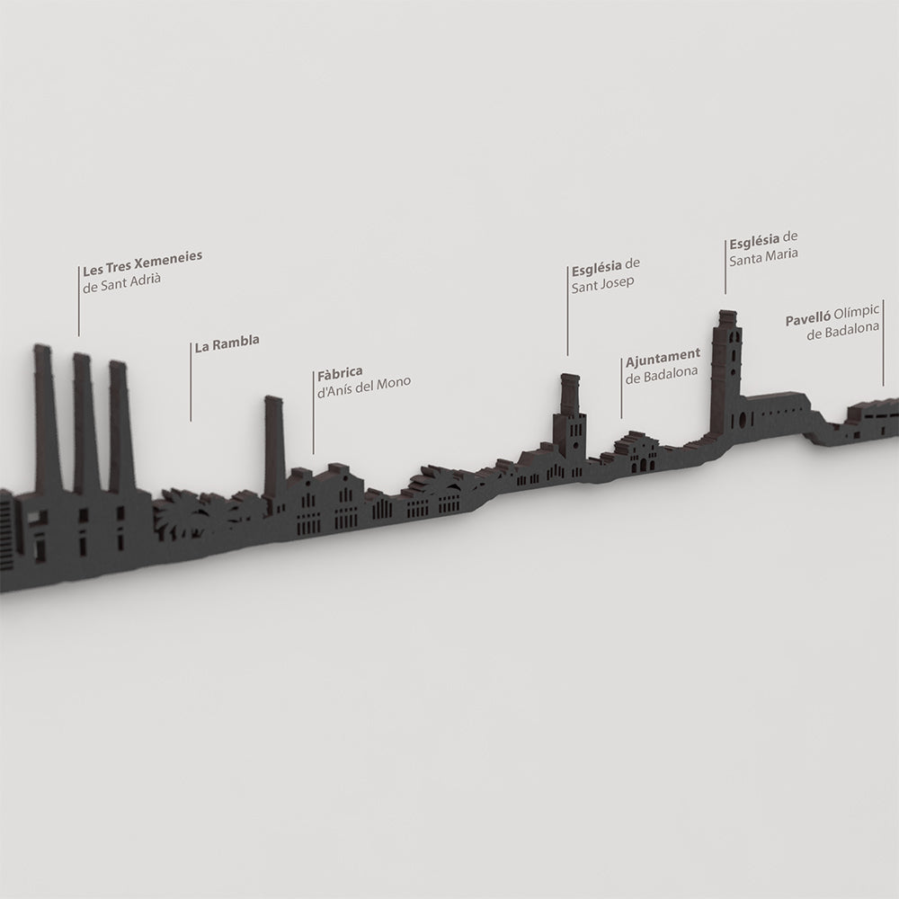 Skyline Badalona – detalle de Les Tres Xemeneies de Sant Adrià en madera negra.