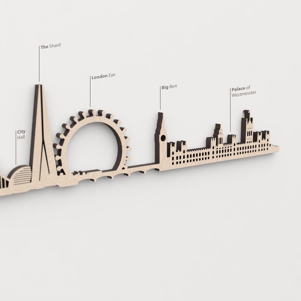 Primer plano del London Eye en la silueta de madera de Londres.