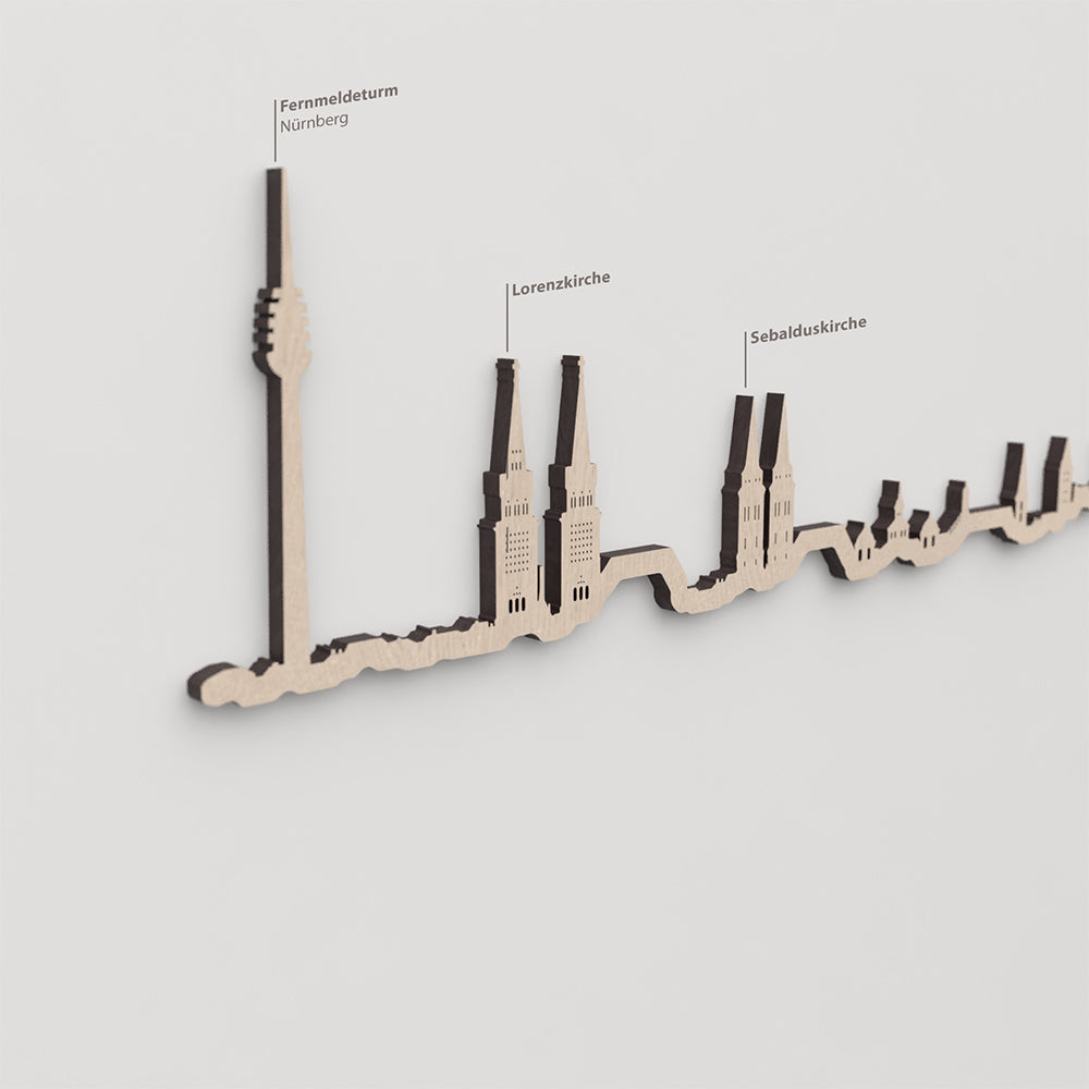 Skyline Nuremberg – primer plano de la Lorenzkirche en madera natural.