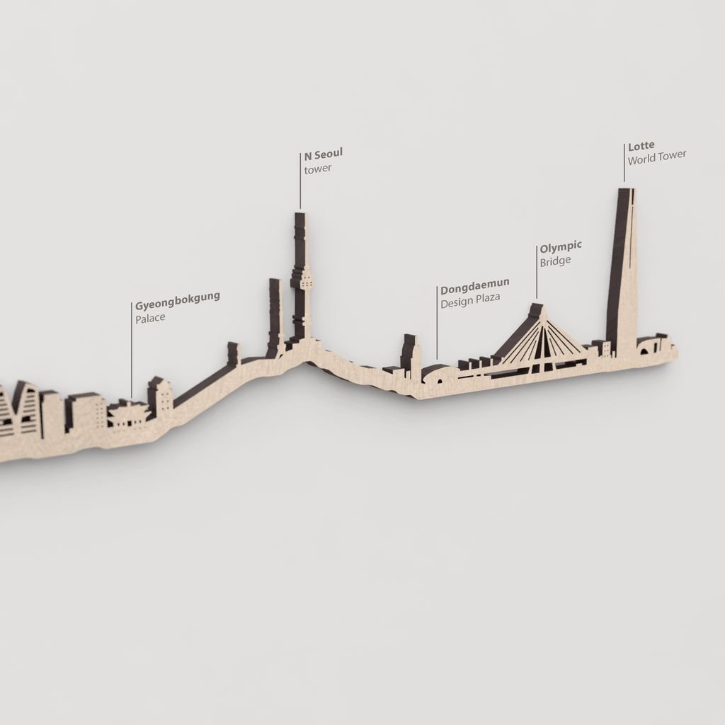 Primer plano de la Lotte World Tower en la silueta de madera de Seoul.