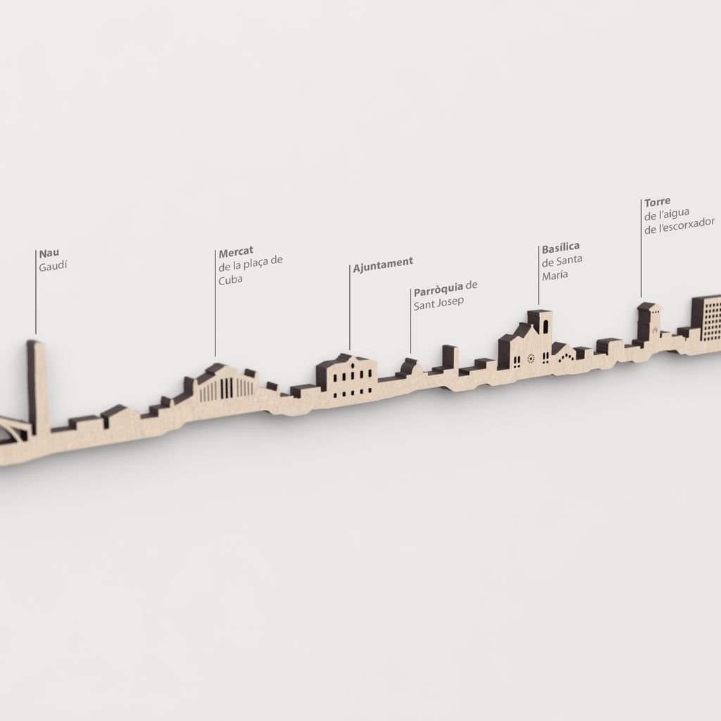 Skyline Mataró – primer plano de Mercat de la Plaça de Cuba en madera natural.