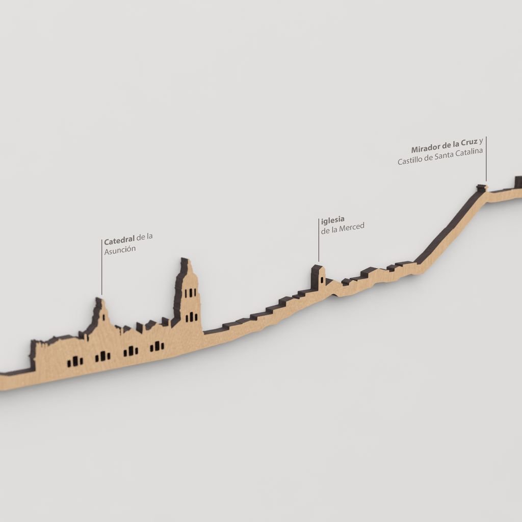 Skyline Jaén – detalle del Mirador de la Cruz y Castillo de Santa Catalina en madera marrón.
