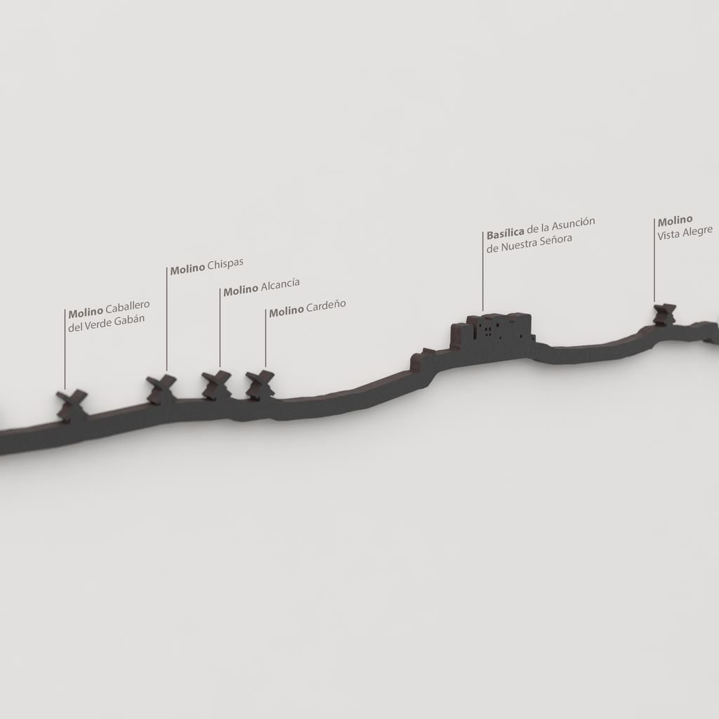 Detalle de los molinos de viento en la silueta de madera de Consuegra.