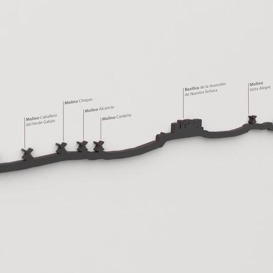 Detalle de los molinos de viento en la silueta de madera de Consuegra.