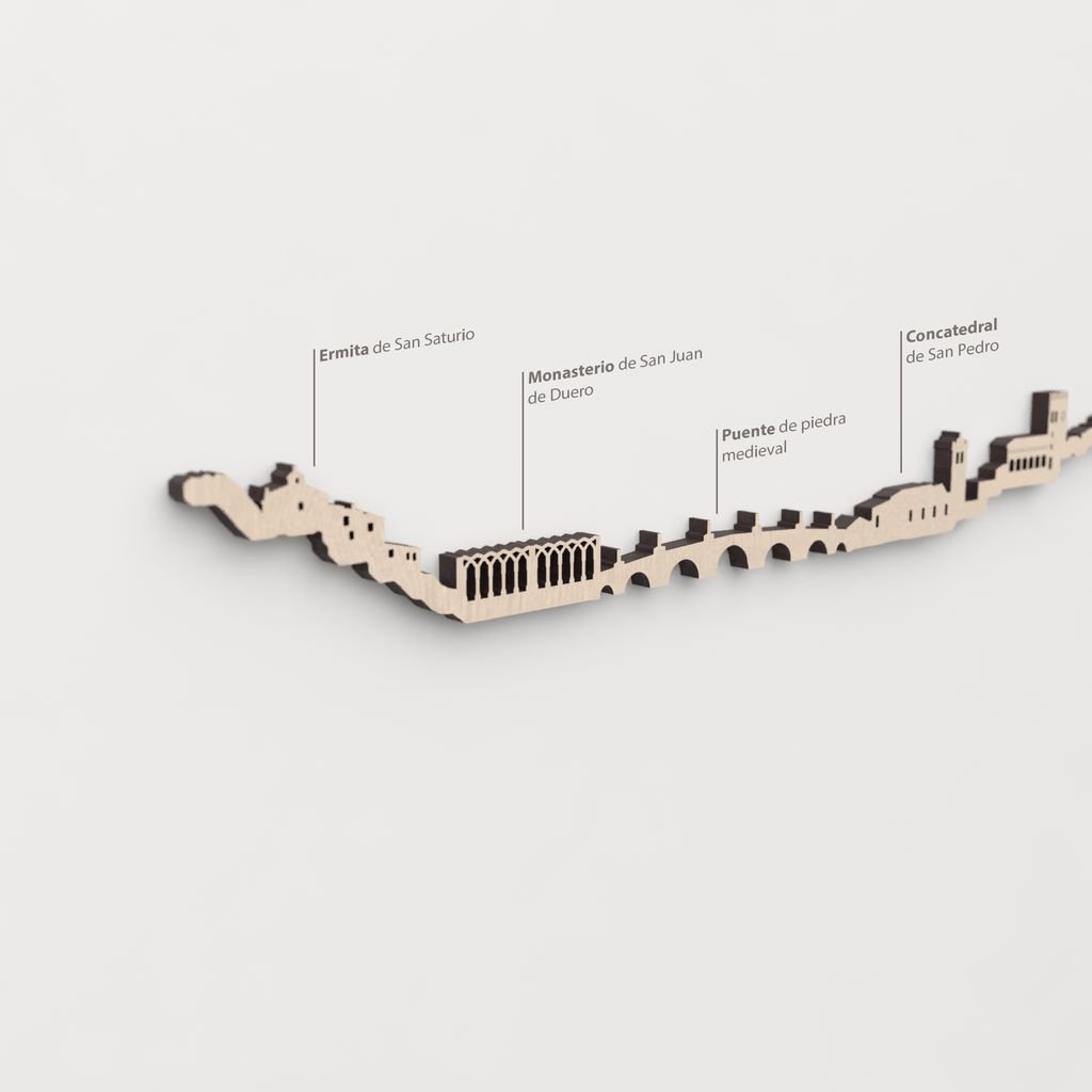 Primer plano del Monasterio de San Juan de Duero en la silueta de madera de Soria.