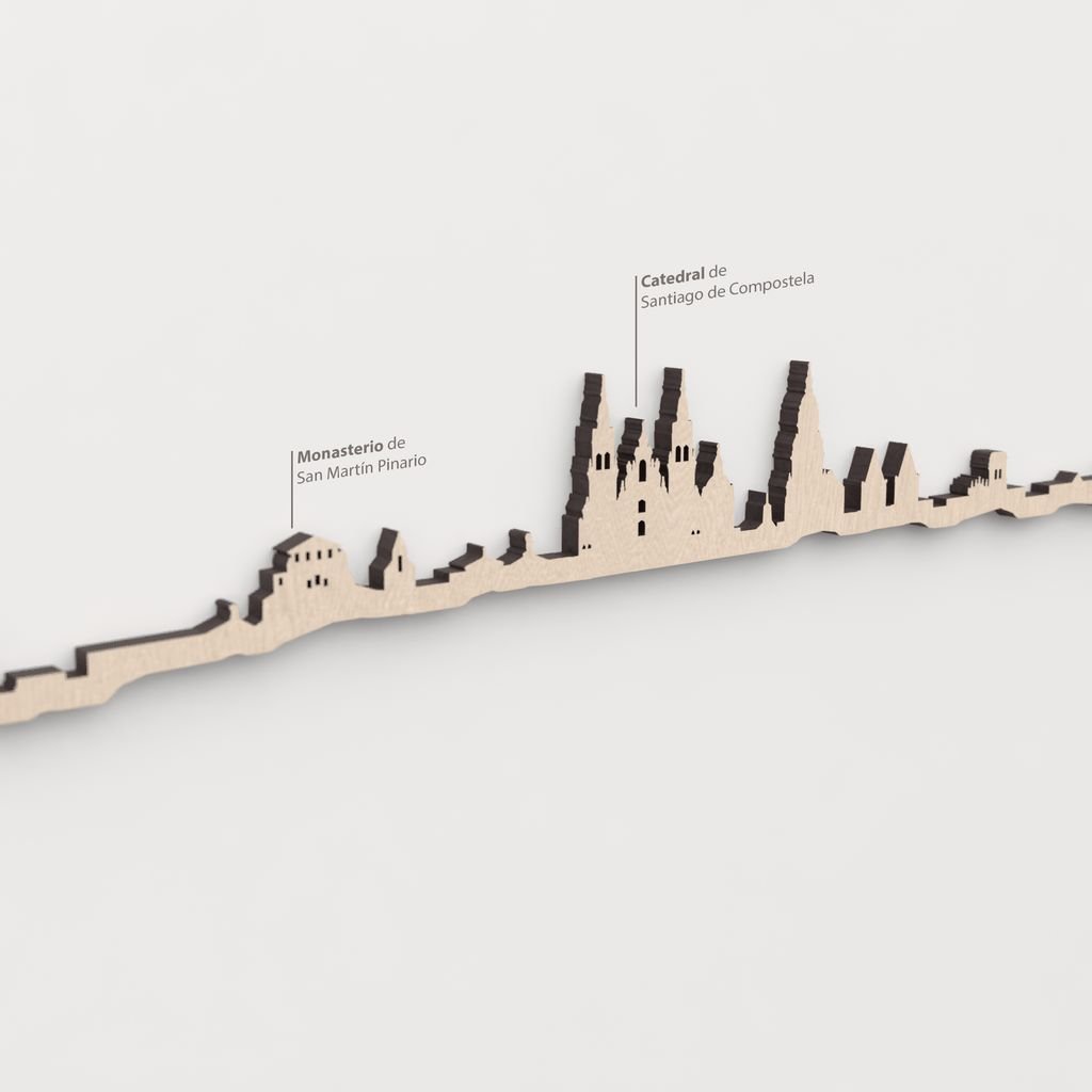 Skyline Santiago de Compostela – detalle del Monasterio de San Martín Pinario en madera natural.