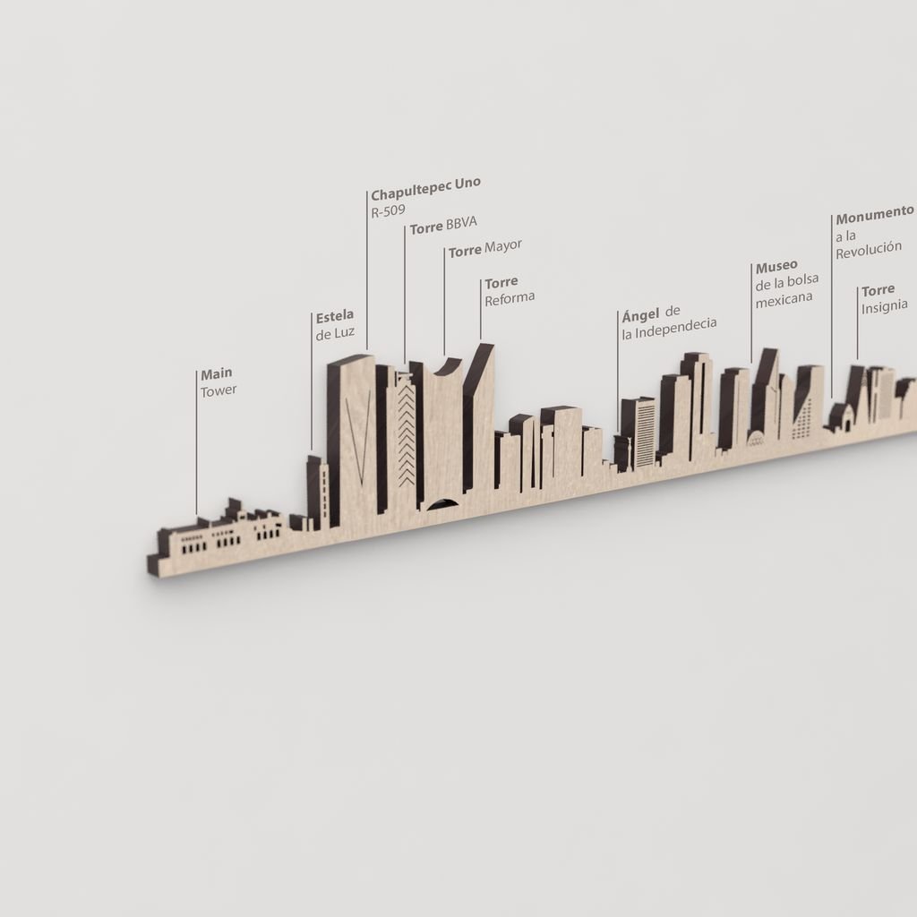 Primer plano del Monumento a la Revolución en la silueta de madera de Ciudad de México.