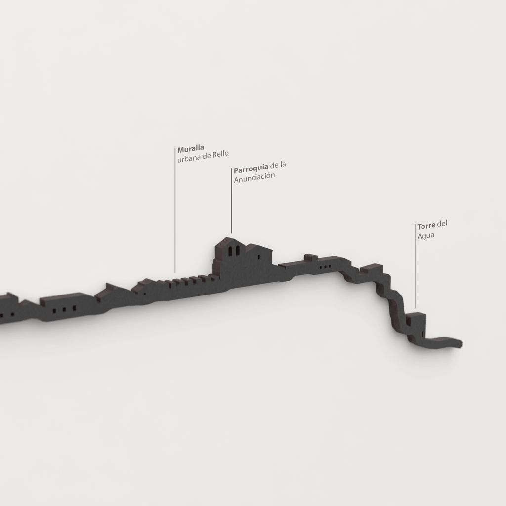 Skyline Rello – detalle de la Muralla urbana de Rello en madera negra.