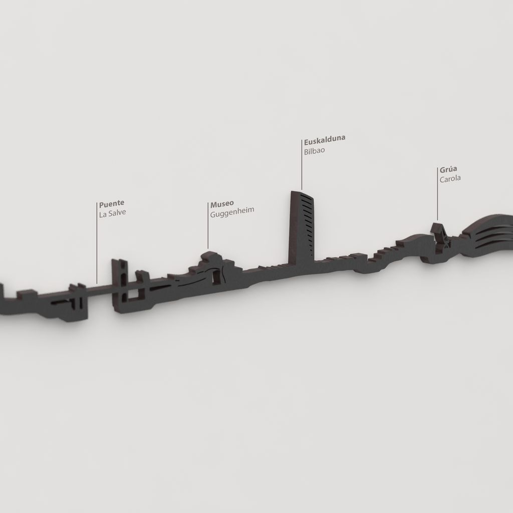 Detalle del Museo Guggenheim en la silueta de madera del skyline de Bilbao.