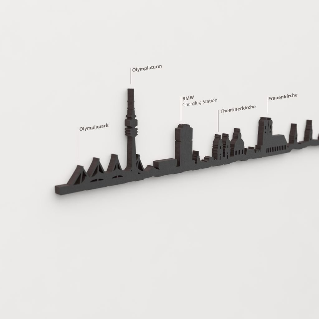 Detalle del Olympiaturm en la silueta de madera del skyline de München.