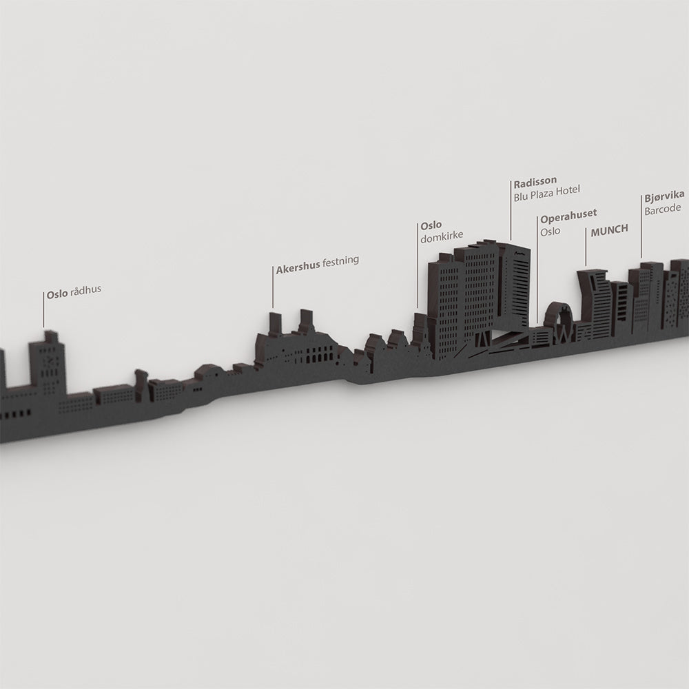 Skyline Oslo – detalle de Oslo rådhus en madera negra.